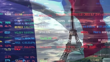 The Eiffel Tower with a digital stock market screen overlay, symbolizing the financial market in France, investment trends, economy fluctuations, and the business industry in the country. - Powered by Adobe