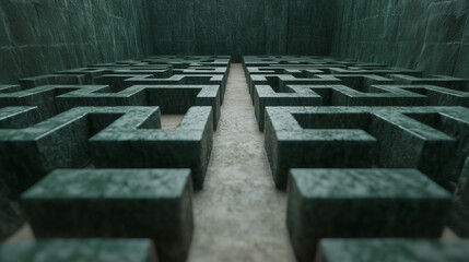 Maze of Uncertainty: A mesmerizing view of a complex maze. The maze appears within a somber, stone structure, hinting at mystery and the challenges of finding the right path.