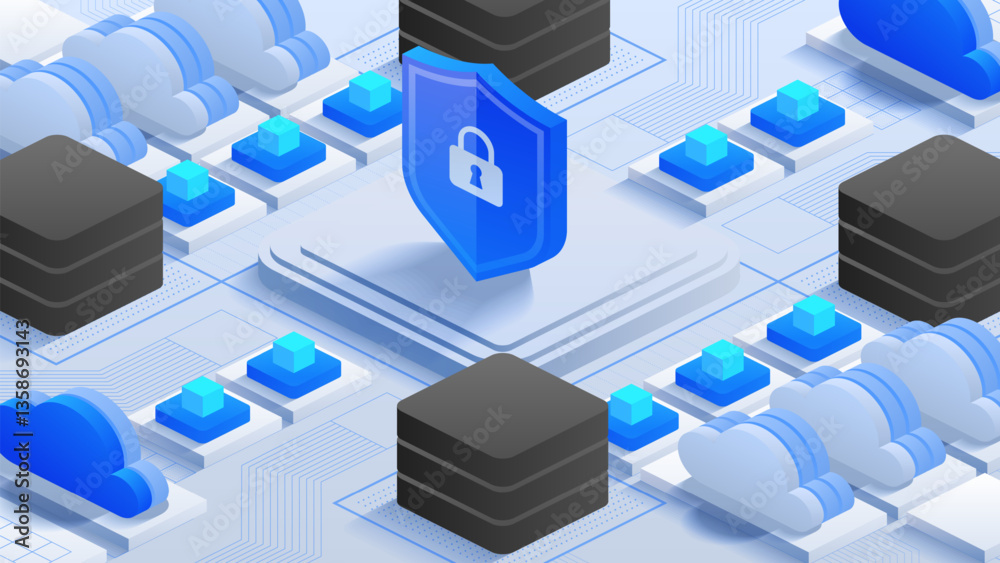 Poster cyber cloud protection. illustration of a secure cloud with a lock symbol and shield, highlighting d