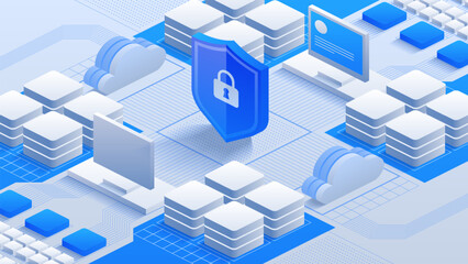 Cloud Data Security. Blue shield and lock icon over a cloud, representing advanced cybersecurity measures and encrypted data protection. Ideal for illustrating online safety and cloud storage.