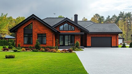 Brick house with dark slate roof contemporary design large driveway clean facade isolated on white background for a sharp look. 