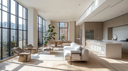 Fototapeta premium Bright and airy modern interior featuring open-plan living clean lines sleek furniture neutral tones and a spacious sunlit kitchen. 