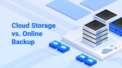 A vector isometric illustration. Cloud storage and online backup. Modern data center with stacked servers connected to cloud icons. Blue and white color scheme highlights technological and concept