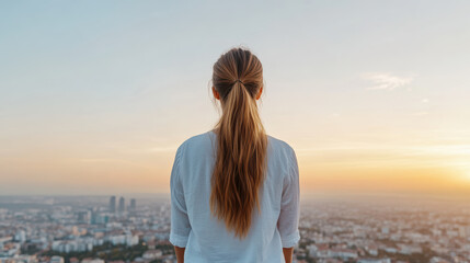 Obraz premium confident woman standing on city rooftop at sunrise, gazing at horizon