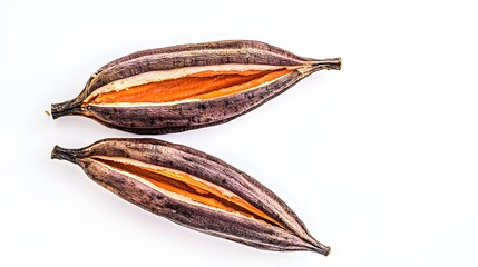 Two Dried Botanical Seeds with Rich Brown Texture Arranged on a White Background