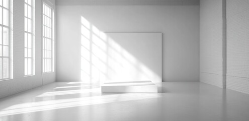 Obraz premium Bright White Minimalist Room Interior with Sunlight and Empty Display