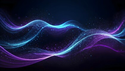 Obraz premium Abstract effect of sparkling light waves in blue and purple shades, dark background, Glowing particles are scattered around the waves, creating a futuristic and dynamic look. 