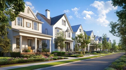Charming row houses with varied architectural details clean sidewalks in front lush greenery framing the homes classic suburban appeal. 
