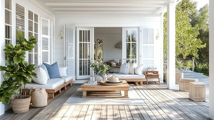 Chic outdoor veranda with white-painted French doors wooden decking and coastal decor bright and inviting Hamptons summer vibe. 