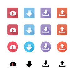 A flat set of web icons with symbols for navigation, business, internet, and interface, featuring arrows, buttons, and design elements in a circular style