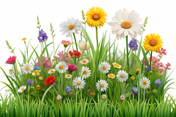 3d render of spring flowers in the grass isolated on white background. Generative AI