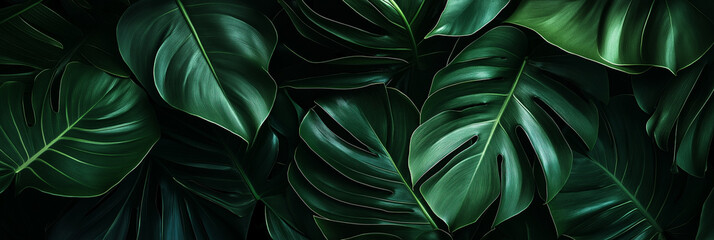 Group background of dark green tropical leaves ( monstera, palm, coconut leaf, fern, palm leaf,bananaleaf) Panorama background. concept of nature