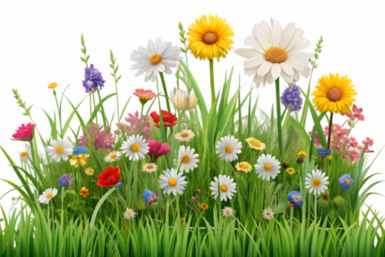 3d render of spring flowers in the grass isolated on white background. Generative AI