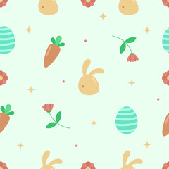 Spring Easter seamless pattern for wrapping paper with rabbit, carrot, egg, and flower. Cute Easter pattern template illustration