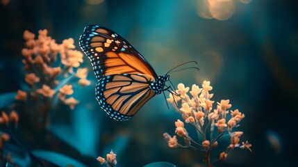 Fototapeta premium Monarch butterfly perched on a flower with a blue green bokeh background