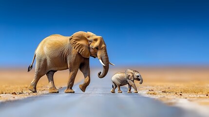 Fototapeta premium African Elephant and Calf Walking on Road Under Clear Blue Sky