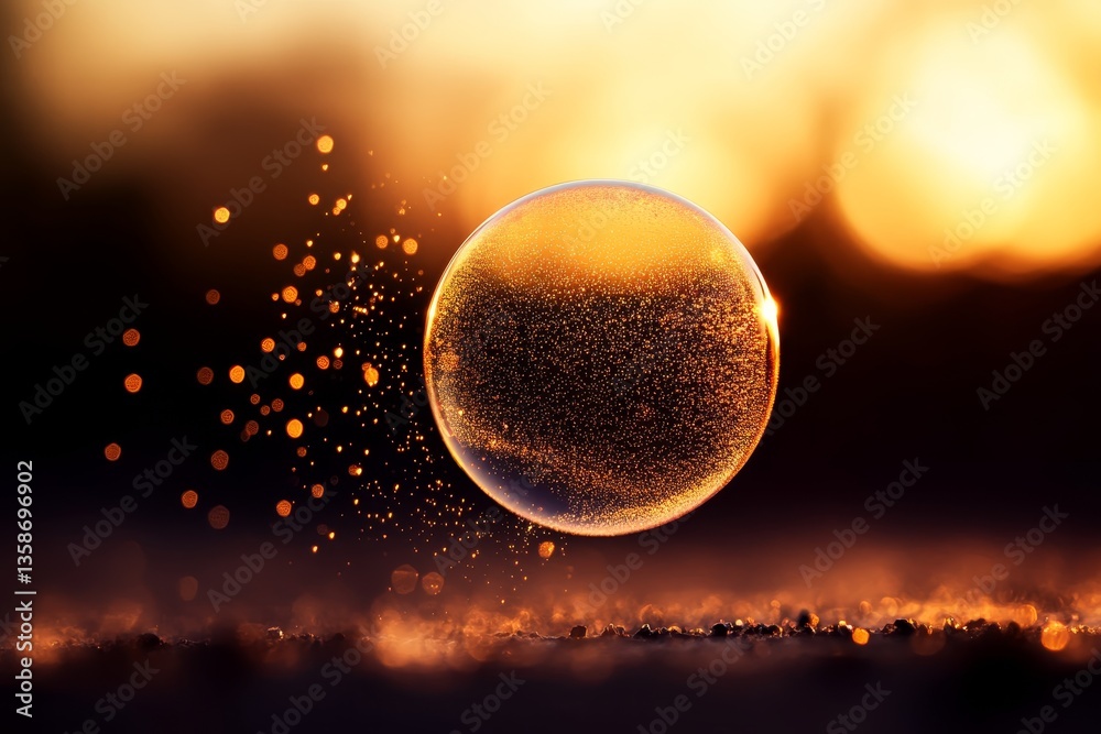 Poster a single golden bubble ascends through a sparkling amber liquid, capturing light beautifully. the wa
