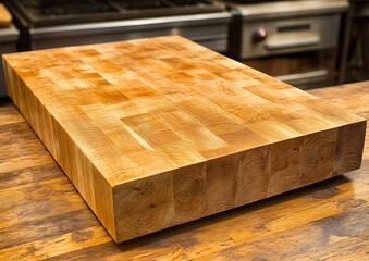 A rectangular wooden end grain butcher block on a table