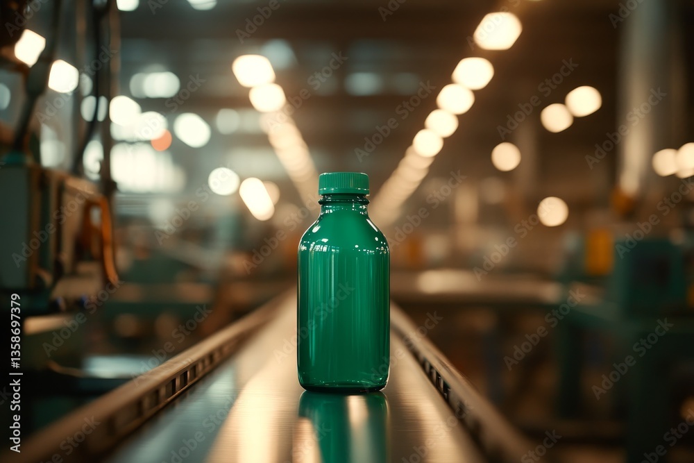 Aufkleber a green glass bottle is in motion on a conveyor belt in an industrial factory, illuminated by soft o