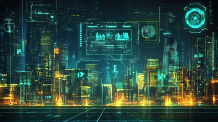 Obraz premium Futuristic city skyline with digital overlays