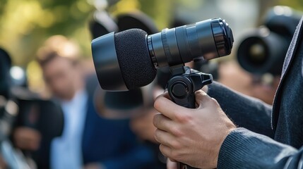 A reporter holds a microphone at a press conference, outdoors. Capture breaking news, interview, and media coverage stories.