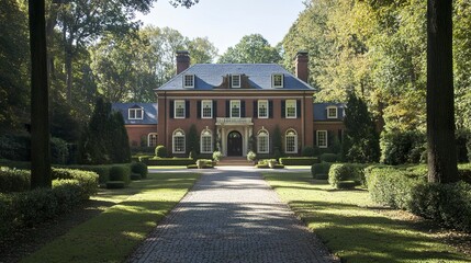 Contemporary brick house with a dark slate roof expansive driveway illuminated by bright sunlight creating a crisp and inviting scene.  