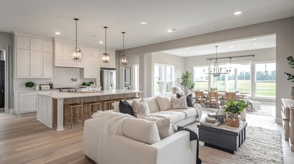 Fototapeta premium Contemporary home with minimalist design neutral color palette open-concept living seamlessly transitions into a kitchen full of natural light. 
