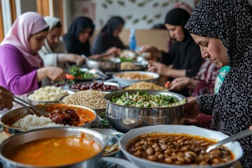 A group of women in hijabs work together in the kitchen, preparing a variety of traditional dishes. The table is filled with bowls of dates, soup, and rice