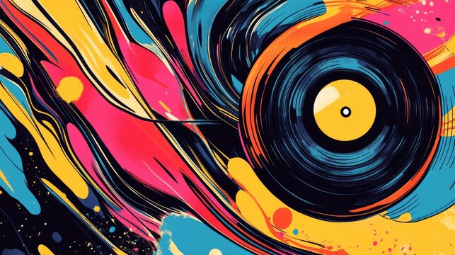 Abstract design featuring a vinyl record at the center surrounded by dynamic splashes of bright colors, creating an energetic visual impact