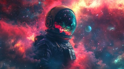 Obraz premium An astronaut drifts through a colorful cosmic landscape filled with swirling nebulas and twinkling stars, embodying the spirit of exploration