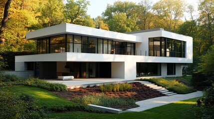 Contemporary white house sleek exterior flat roof symmetrical layout crisp and modern villa design sharp focus on clean lines. 
