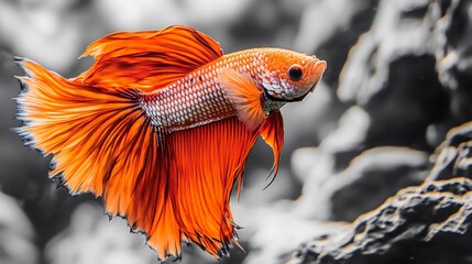 Fiery orange betta fish swimming gracefully in a grayscale aquarium its flowing fins creating mesmerizing patterns