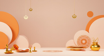 Sikh Religious Background with Khanda Symbol and Traditional Earthen Bowls