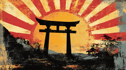 Silhouette Of Torii Gate With Rising Sun Behind In A Comic Book Style With Orange And Red Colors