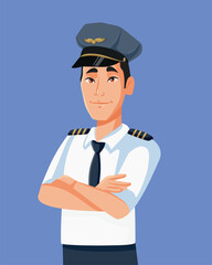 Chinese Male Pilot Wearing His Uniform vector Character. Aviation worker in captain uniform standing and smiling with confidence