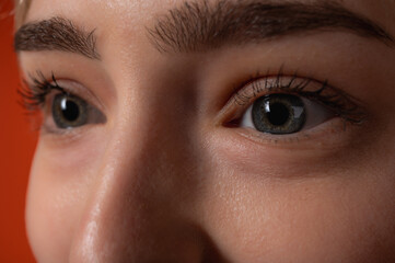 Extreme close-up of a woman's blue-gray eyes with long eyelashes and natural skin texture....