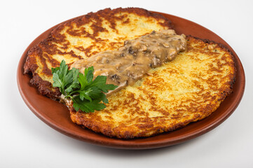 Golden brown potato pancake with sour cream and fresh parsley on a rustic clay plate. Traditional Eastern European dish, crispy texture and exquisite homemade taste, homemade dish