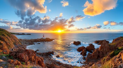 Fototapeta premium Breathtaking sunset over dramatic coastal cliffs with crashing waves and a serene picturesque ocean landscape Dramatic lighting and colors create a stunning awe inspiring natural scene