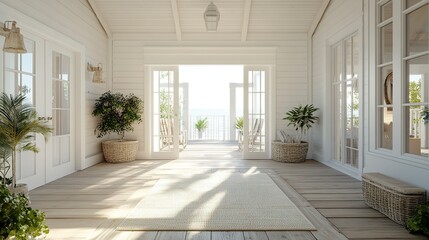 Obraz premium Elegant Hamptons-style entrance with white French doors on a coastal veranda natural wood accents soft summer light cottage luxury. 