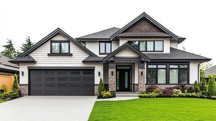 Elegant modern house symmetrical design large windows neat front lawn and sleek garage isolated on bright white background.  