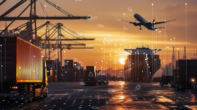 Advanced trade and freight system with air, land, and sea logistics connected through digital interface elements