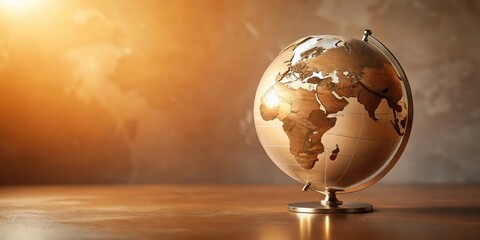 Golden Globe on Wooden Surface, Illuminated by Warm Light, Symbolizing Exploration and Discovery