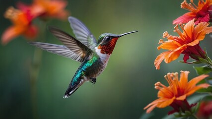 Fototapeta premium Ruby-Throated Hummingbird Hovering Near Vibrant Orange Flowers in Bloom
