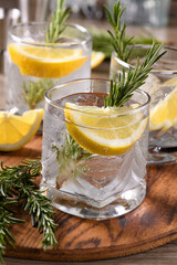 Fototapeta premium This is a great refreshing organic gin and tonic cocktail with a squeeze of lemon and rosemary. Perfect for vegetarians.