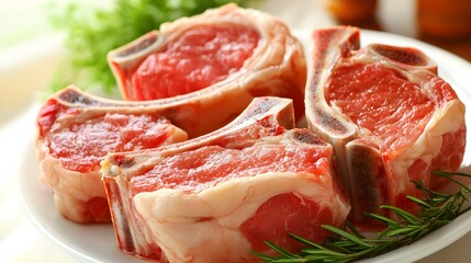 Freshly Cut Beef Chops on a White Plate with Herbs Ready for Culinary Preparation