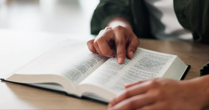 Reading, hands and man with bible in home for religion study, worship or spiritual journey. Hope, gratitude and male person with scripture in holy book for peace, faith or guidance in living room.