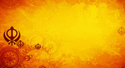 Golden Sikh Religious Background with Khanda Symbols and Ornamental Patterns