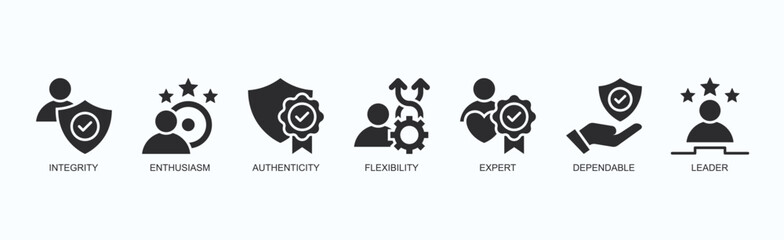 Core Essence Icon Set Isolated Vector Illustration Concept With Icon Of Integrity, Enthusiasm, Authenticity, Flexibility, Expert, Dependable, Leader In Black Style