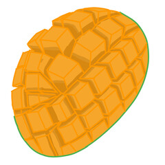 A vector illustration of a sliced mango fruit, presented in a cubed pattern
