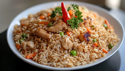 A delicious plate of chicken fried rice, garnished with a chili pepper and parsley. Food background, Top view.